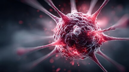 Poster - A virus structure is prominently featured, highlighting its surface spikes against a dark backdrop. The intricate details reveal a complex and fascinating microscopic world, full of vibrant colors.