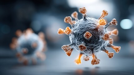Poster - The close-up view reveals details of a virus, highlighting its unique structure and spike proteins. This visual represents current research on infectious agents in a scientific environment.