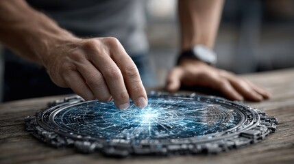 Fototapete - A hand is reaching out to interact with a glowing holographic interface on a wooden table. The digital display shows intricate network patterns in a sleek, contemporary workspace.