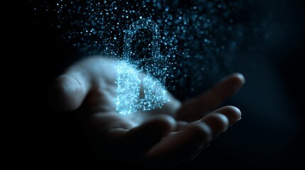 Aufkleber - Digital Security Concept Abstract Blue Glowing Padlock Particle Effect Hand Holding Secure Data Protection Technology Innovation Futuristic Network Privacy Internet      