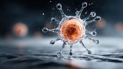 Poster - A detailed representation of a virus particle is seen magnified, showcasing its complex structure with spikes and a glowing core, set against a dark backdrop.