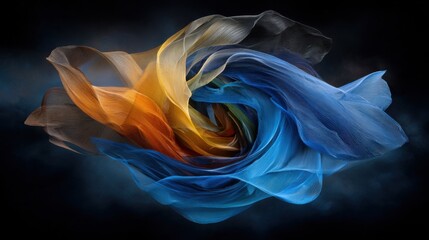 Poster - Vibrant silk ribbons in blue, orange, and black elegantly intertwine, forming a dynamic and fluid composition that contrasts with the dark backdrop.