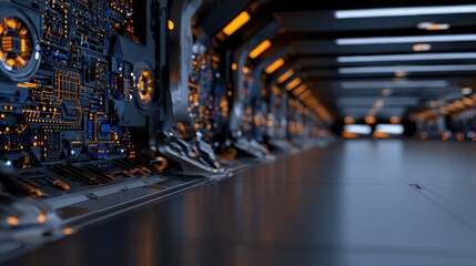Fototapete - In a sleek corridor, illuminated circuit panels line the walls, showcasing intricate designs and glowing orange lights. The setting evokes a sense of advanced technology and innovation.