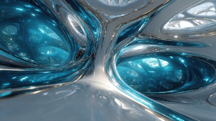 Fototapete - Intricate patterns of reflective metallic surfaces blend with vivid blue tones, creating a captivating visual experience in a modern architectural space.