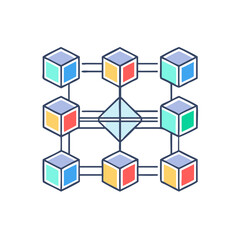 Poster - A Blockchain network represented by interconnected cubes and a central diamond shape