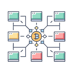 Poster - Decentralized digital currency blockchain network illustrating Bitcoin cryptocurrency connecting multiple nodes and representing a transaction network