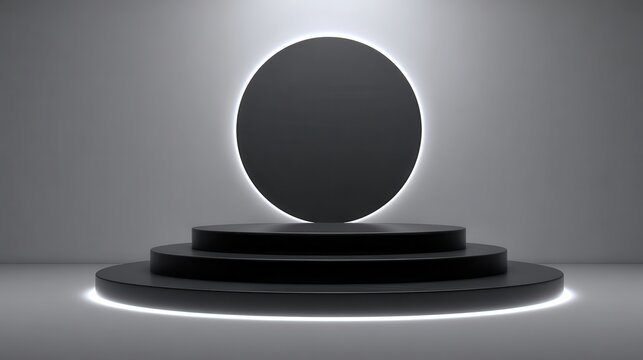 Premium image of black Pedestal of platform display with neon modern stand podium on white room background. Blank Exhibition stage backdrop or empty product shelf. 3D rendering.