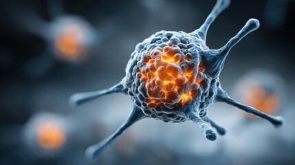 Poster - A detailed look at a cellular structure illuminated by a vibrant glow, displaying intricate features and textures.