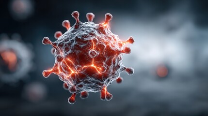 Poster - A vivid illustration of a virus showcasing its intricate structure and molecular features. The backdrop emphasizes a scientific atmosphere, highlighting the seriousness of microbiological research.