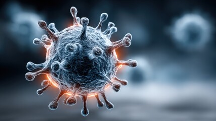 Poster - Close-up of a virus illustrating intricate surface structures and features. The setting emphasizes the biology of the microorganism in a dark environment.