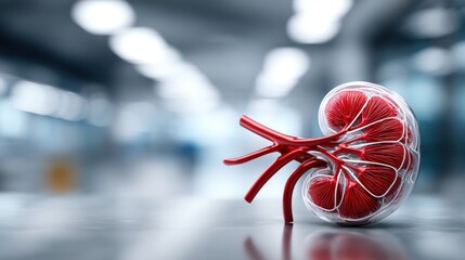 Poster - A detailed 3D representation of a human kidney is showcased on a smooth surface within a modern, sterile laboratory setting. The model highlights anatomical features clearly.