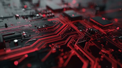 Poster - Abstract Red Circuit Board Technology Background Digital Art Modern Design Futuristic High Tech Electronic Illustration Closeup Detailed Pattern Red Lines Black          