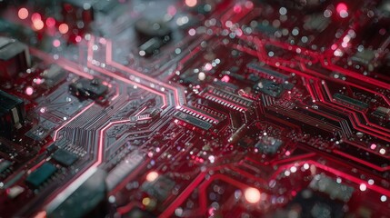 Poster - Abstract Red Circuit Board Technology Background Digital Art High Tech Electronic Design Futuristic Innovation Computer Network Microchip Pattern Closeup Detailed Glowing