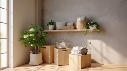 Poster - Fresh, minimalist interior space with natural light highlighting organized storage and greenery in a simple, modern setting