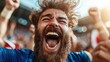 © Larisa AI - A passionate fan with wild hair is joyfully celebrating during a sports event, capturing the intensity of emotions and the thrill of victory in a vibrant atmosphere.
