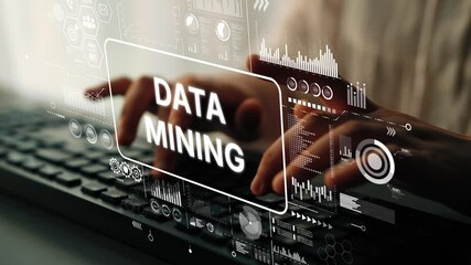 Poster - Hands Typing on Keyboard with Data Mining Text and Digital Graphic Elements in Modern Workspace Environment. Asymptotic smart data analytic.