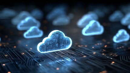 Aufkleber - Abstract Digital Cloud Computing Network Technology Futuristic Glowing Blue Circuit Board Data Server Internet Information Cloud Storage System Digital Transformation    