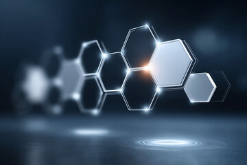 Poster - A network of glowing hexagons, symbolizing interconnectedness and technological innovation on a dark background