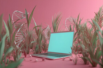 Poster - A laptop with a blank screen amidst growing plants and genetic structures, symbolizing technology's growth in nature