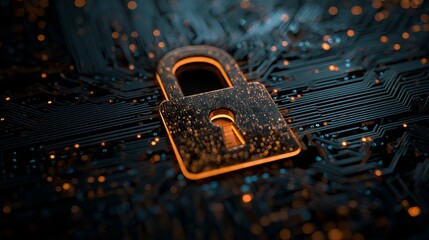 Aufkleber - Cybersecurity Digital Lock Padlock on Circuit Board Technology Background Abstract Orange Glow Secure Data Protection Network Privacy Internet Safety Digital Security    