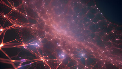 Poster - Computer generated abstract image showing red and blue lights representing a digital network or neural grid