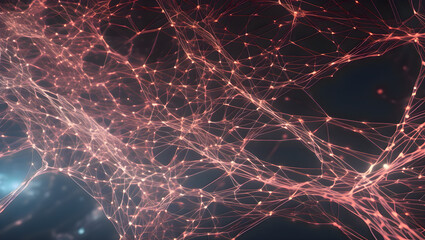 Poster - Computer generated abstract network with glowing red and pink lights forming a complex digital grid