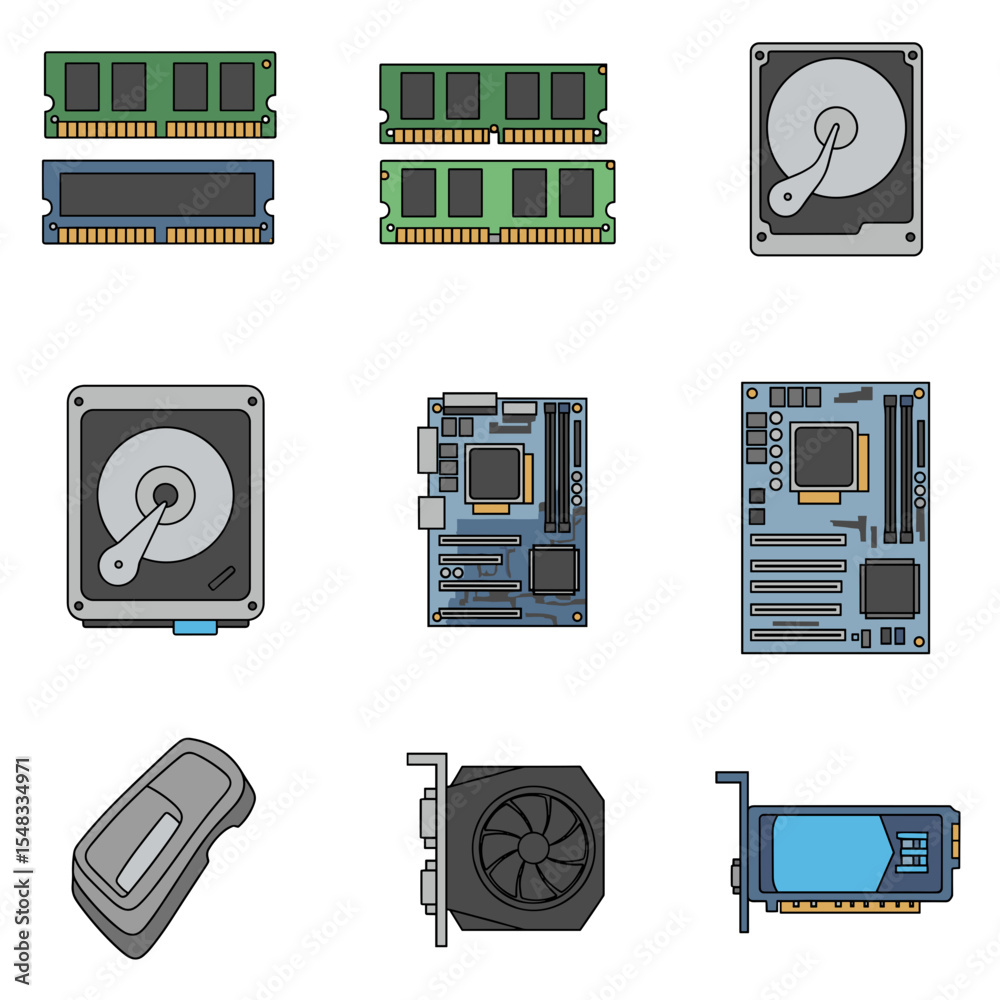 Computer Components RAM, Motherboard, Hard Drive, and More Stock Vector ...