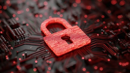 Aufkleber - Cybersecurity Digital Padlock Red Circuit Board Technology Abstract Background Modern Data Protection Network Security System Digital Lock Innovation Technology Concept  