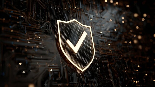 Digital Security Shield Checkmark Technology Concept Abstract Background Golden Shield Protection Data Network Circuit Board Approved Verified Secure System Internet     