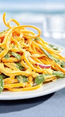 Poster - Fresh Hormone Balance Carrot Salad With Vibrant Greens in a Light Dressing Served on a White Plate