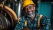 © Larisa AI - A cheerful, middle-aged worker with a hard hat smiles confidently in an industrial environment, symbolizing hard work, pride, and a commitment to craftsmanship and safety.