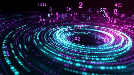 Poster - Colorful digital swirl with glowing binary code representing data flow and technology in a futuristic environment, creating a sense of movement and depth.