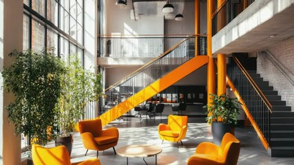 Aufkleber - A cozy room with orange chairs and a staircase