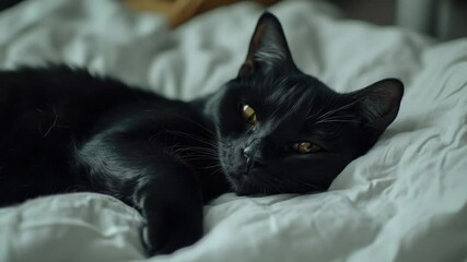 Aufkleber - A black cat lying on a bed, a cozy scene