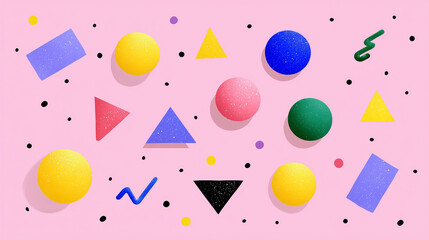 Aufkleber - Bright geometric shapes like circles, triangles, and squares spread across a pastel pink background create a vibrant, playful composition. Ideal for art, design, marketing