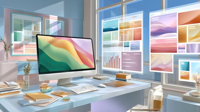 Modern Workspace with Futuristic Technology Interfaces and Digital Design Tools