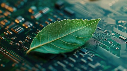 Poster - A single green leaf lying on top of a computer motherboard, suggesting a connection between nature and technology