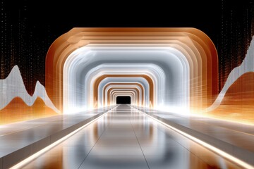 Poster - Futuristic illuminated tunnel with vibrant data wave patterns and reflections