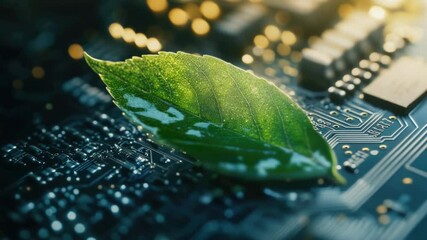 Poster - A green leaf sits atop a computer motherboard