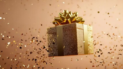 Poster - A beautifully wrapped gift box with a golden ribbon and surrounded by colorful confetti, perfect for celebrations or special occasions