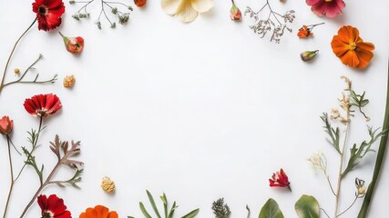 Poster - A bouquet of various flowers arranged in a circular pattern on a white background
