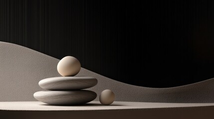 Poster - Minimalistic Composition of Stones and Spheres on a Sandy Surface
