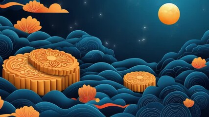 Poster - A traditional mooncake surrounded by a vast expanse of clouds, ideal for use in travel or food-related contexts