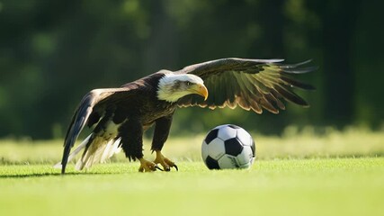 Poster - A majestic bald eagle flies overhead as a soccer ball lies below, perfect for sports or nature-themed projects