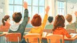 © mila103 - A group of students actively participates in a classroom discussion, raising their hands to contribute. Sunlight streams through the windows, illuminating their eager expressions and desks.