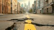 © acnaleksy - cracked and damaged road in an urban area, with potholes and faded lane markings, surrounded by old buildings and an overcast sky