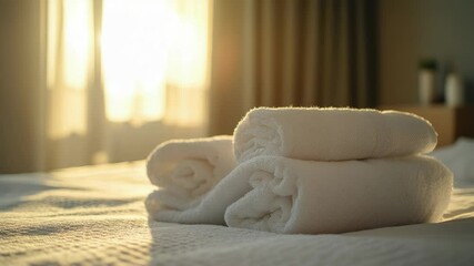 Poster - Folded towels on a bed in a cozy hotel room setting, perfect for travel or hospitality images