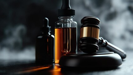 Poster - A close-up shot of a judge's gavel and a bottle of liquid on a table