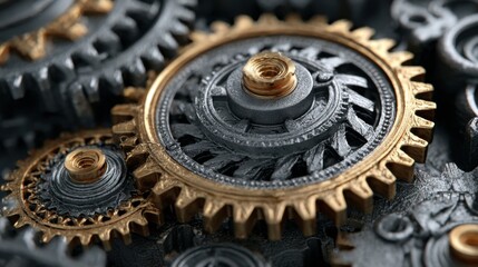 Poster - Metal gears interlock with precision, featuring a combination of silver and gold colors. The craftsmanship highlights a steampunk aesthetic, emphasizing mechanical beauty.