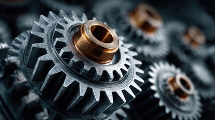 Poster - This setting features a detailed arrangement of metallic gears with a focus on their textures and metallic shine. The composition highlights the precision and beauty of mechanical engineering.